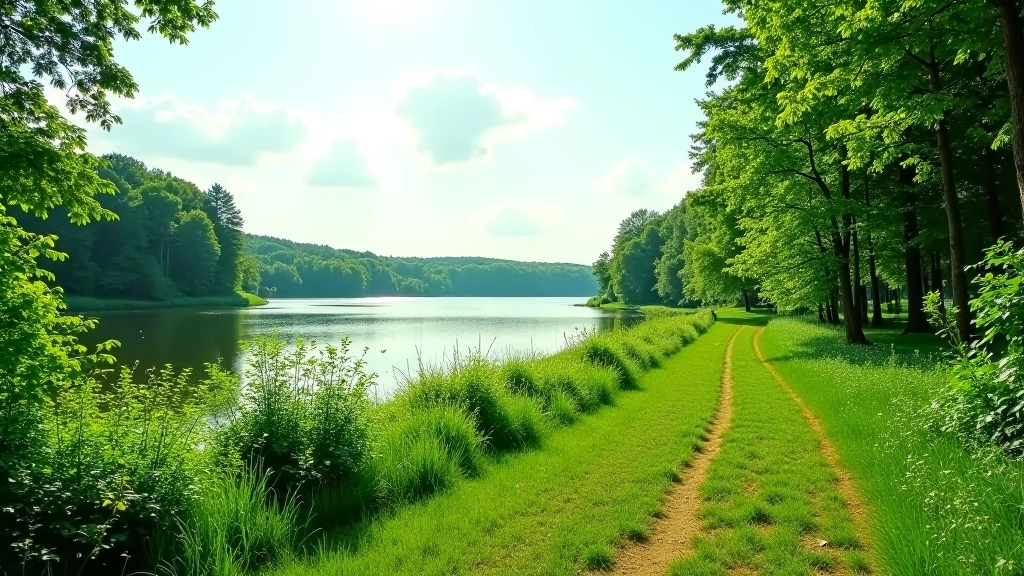 Dušininkų pusiasalio žalias peizažas su ežero vaizdais